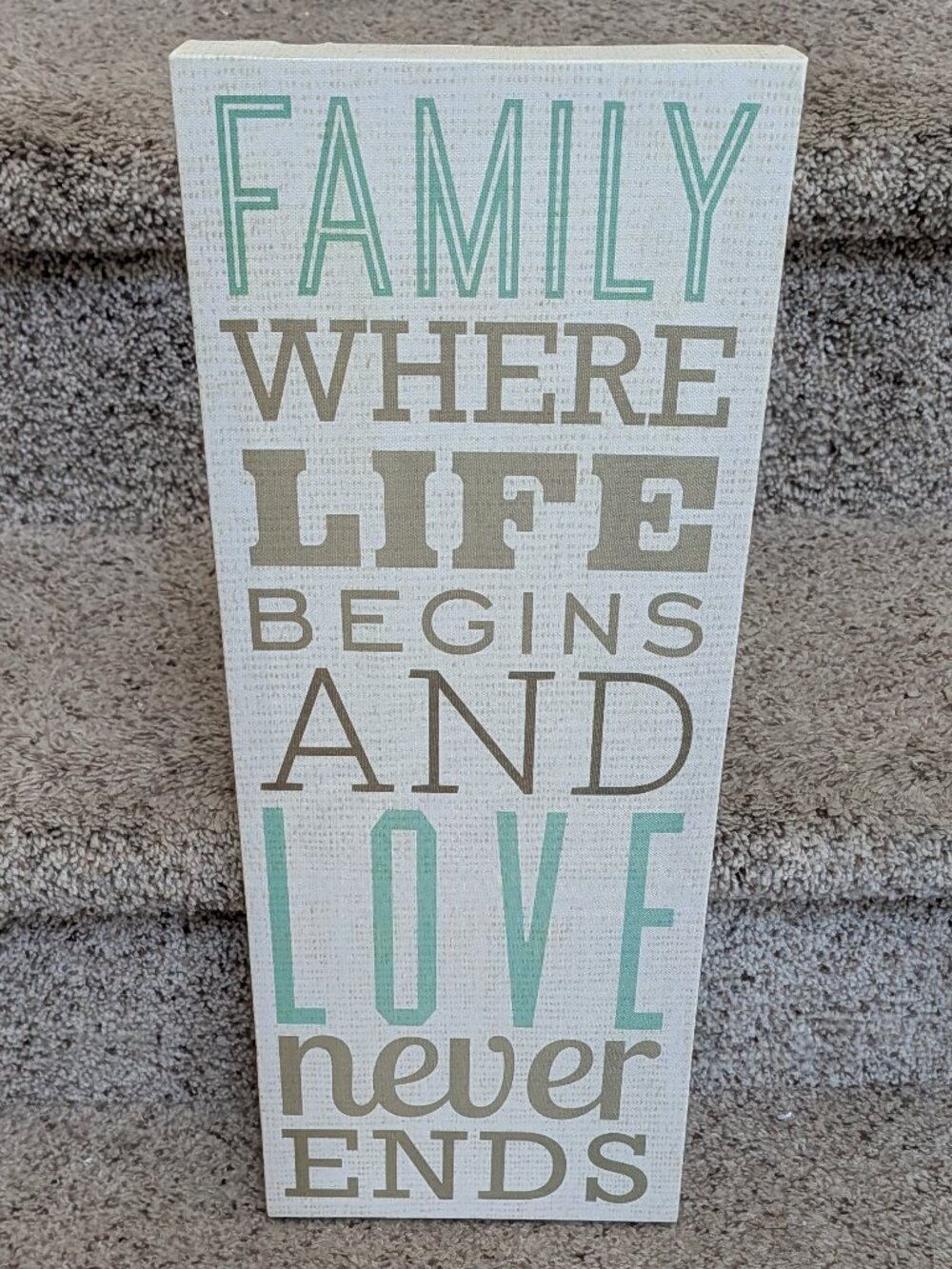 "Family, Life, and Love Never Ends" inspirational canvas 8" x 20" Wall Decor